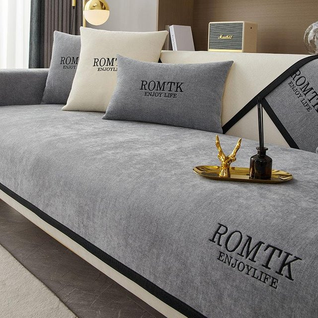 Rutschfester Chenille Sofaüberwurf und Kissenbezug für Ecksofas und Sektionalsofas in Grau - Bild 1
