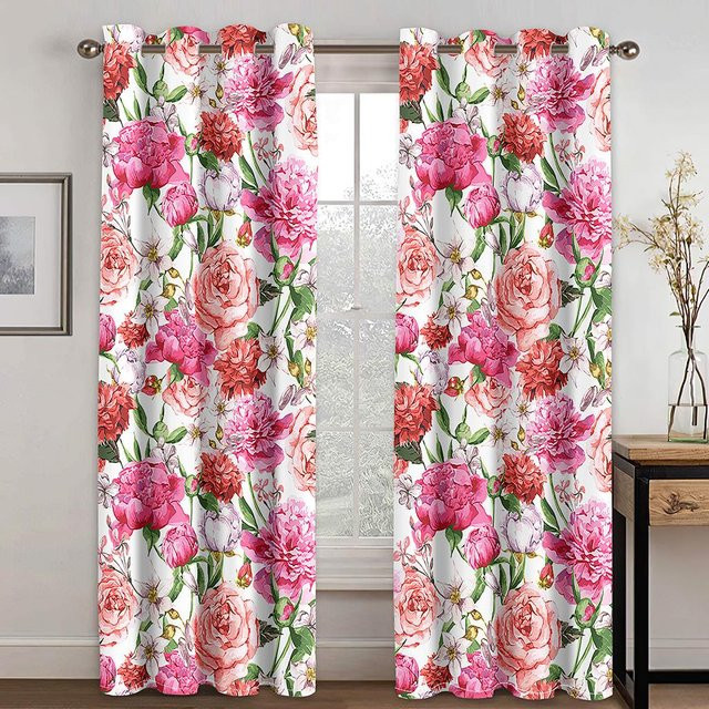 Stilvolle Vintage Fenstervorhänge mit scharlachrotem Rosenmuster, halbtransparent, Mehrfarbig, B/H: 60 x 150 cm, 2er-Set - Bild 1