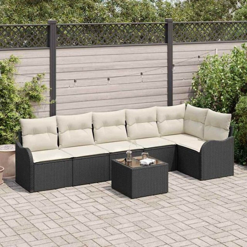 Vidaxl Garten-Sofa-Set aus Polyrattan mit Kissen in Schwarz, modernes 7-teiliges Loungemöbel-Set - Bild 1