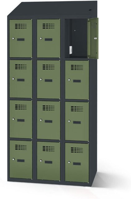 rotstahl Fächerschrank mit Ladefunktion in Hellgrün und anthrazitgrauem Korpus, 12 Fächer (3x4), B: 90 cm, H: 200 cm - Bild 1