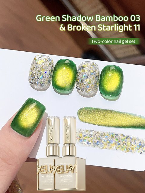 XEIJAYI Cat-Eye-Gel-Nagellack-Set, grün, schimmernd, 2-teilig, 15 ml - Bild 1