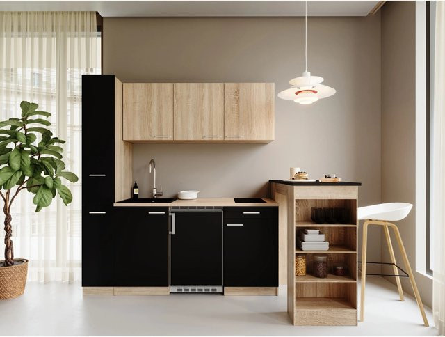 Respekta Ingrid Singleküche Schwarz mit Bartisch und Apothekenschrank, Breite: 180 cm, Tiefe: 60 cm, Höhe: 200 cm - Bild 1