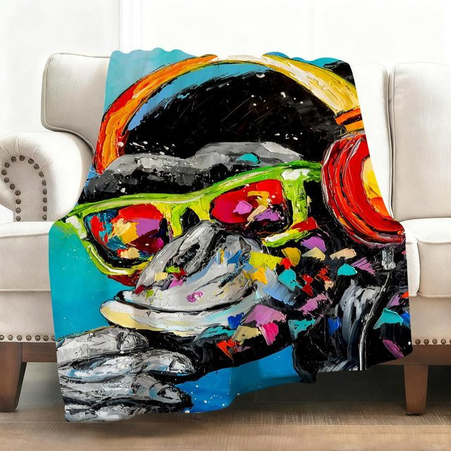 Weiche Flanell-Überwurfdecke mit DJ-Affen-Motiv in Weiß und Multicolour für Sofa, Bett oder Reisen - Bild 1
