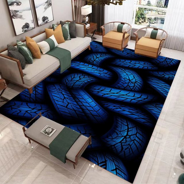 Blauer Teppich mit Reifenmuster und geometrischem Design, rutschfeste Fußmatte für Wohnzimmer und Flur, rechteckig - Bild 1