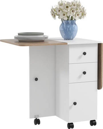 HOMCOM Klappbarer Küchentisch Esstisch mit 2 klappbaren Tabletts, 2 Schubladen, 1 Schrank und 1 Ablagefach in Weiß und Eiche, B/T/H: 120 x 60 x 76,5 cm