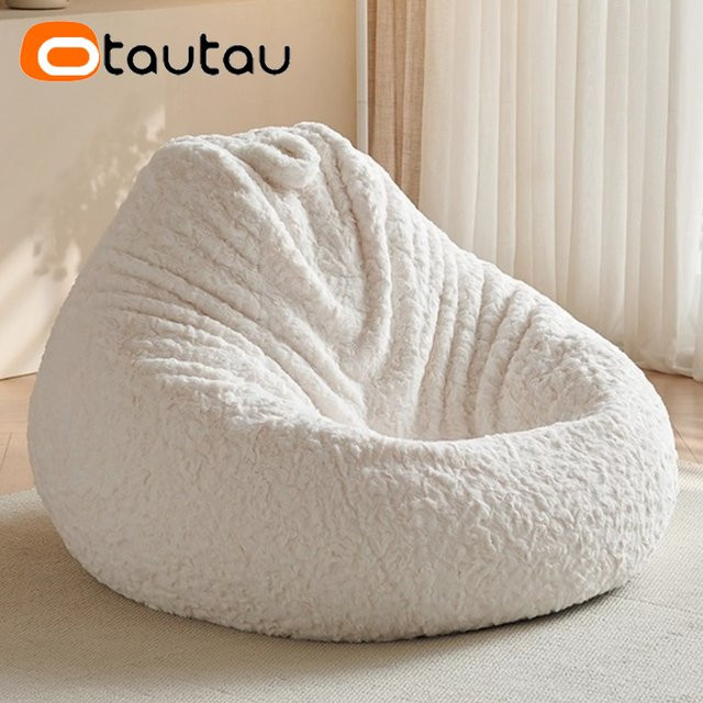 OTAUTAU Sitzsackbezug Pouf Ottoman aus weichem Kunstfell in Beige und Weiß, Durchmesser: 60 cm - Bild 1