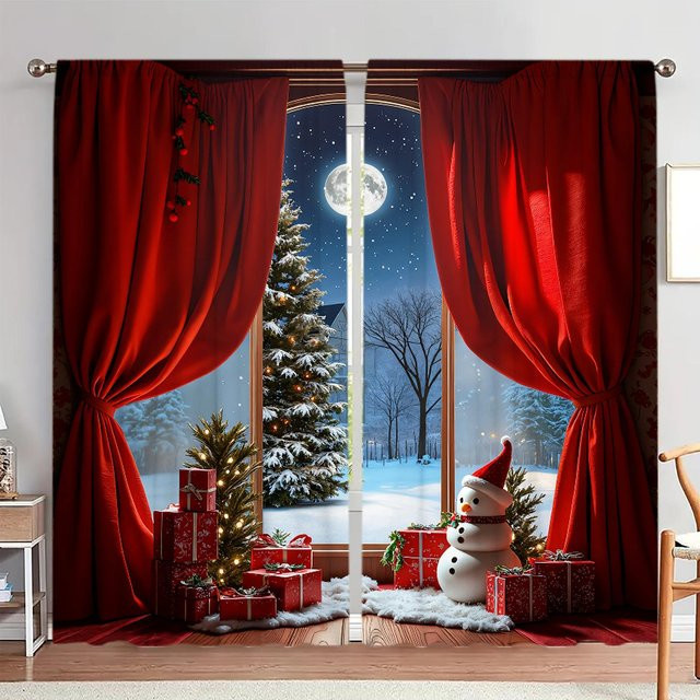 2er-Set Weihnachts-Fenstervorhänge mit Schneemann- und Mondmuster, Weiß, B: 52,5 cm, H: 116 cm - Bild 1