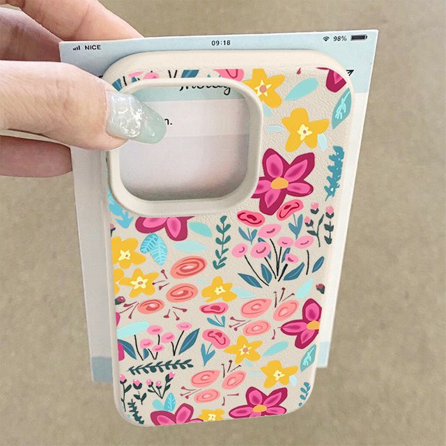 MOESOE Handyhülle mit buntem Blumenmuster und Lederstruktur für iPhone 17 16 15 14 13 12 Pro Max in Beige und Weiß - Bild 1