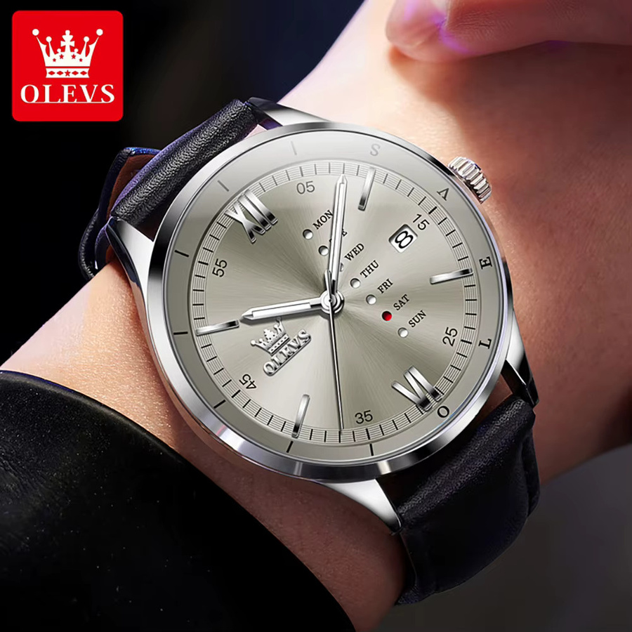 OLEVS Armbanduhr, Quarz, Edelstahl, Silber, Leder, Herren - Bild 2
