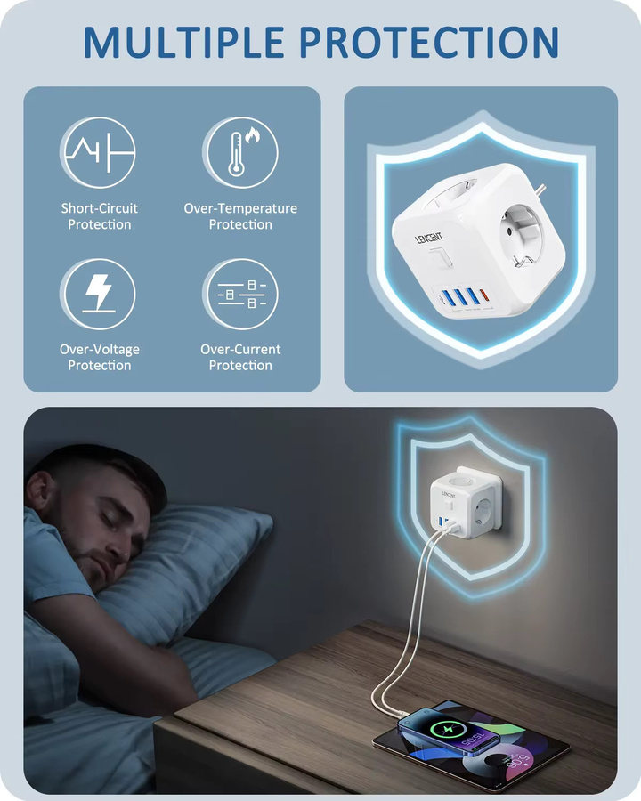 LENCENT 7-in-1 Steckdosenleiste in Weiß mit 3 Wechselstromsteckdosen, 3 USB-Anschlüssen, 1 USB-C Anschluss und Ein/Aus-Schalter - Bild 2