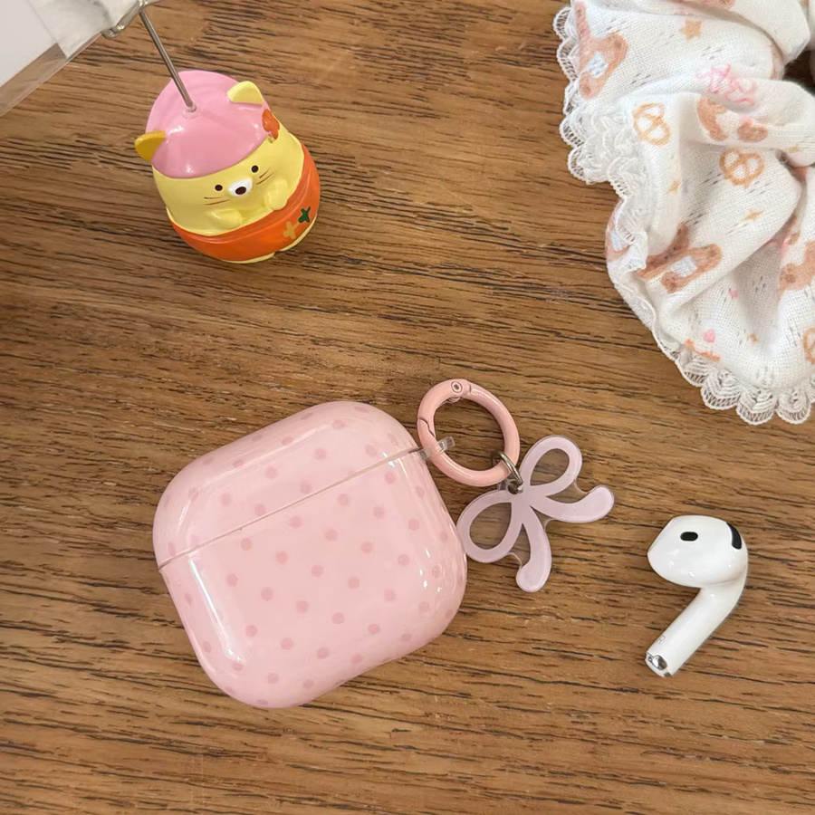 Glänzende AirPods Schutzhülle von Apple in Rosa mit Kirschblüten-Polka-Dot-Muster und Schleifenanhänger für AirPods 1 2 3 4 Pro 2 Pro 3 - Bild 3