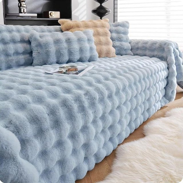 Yiran Furniture Kaninchen Plüsch Sofabezug für 3-Sitzer, Handtuchdecke als universeller Möbelschutz, Blau, B: 180 cm, T: 130 cm - Bild 1