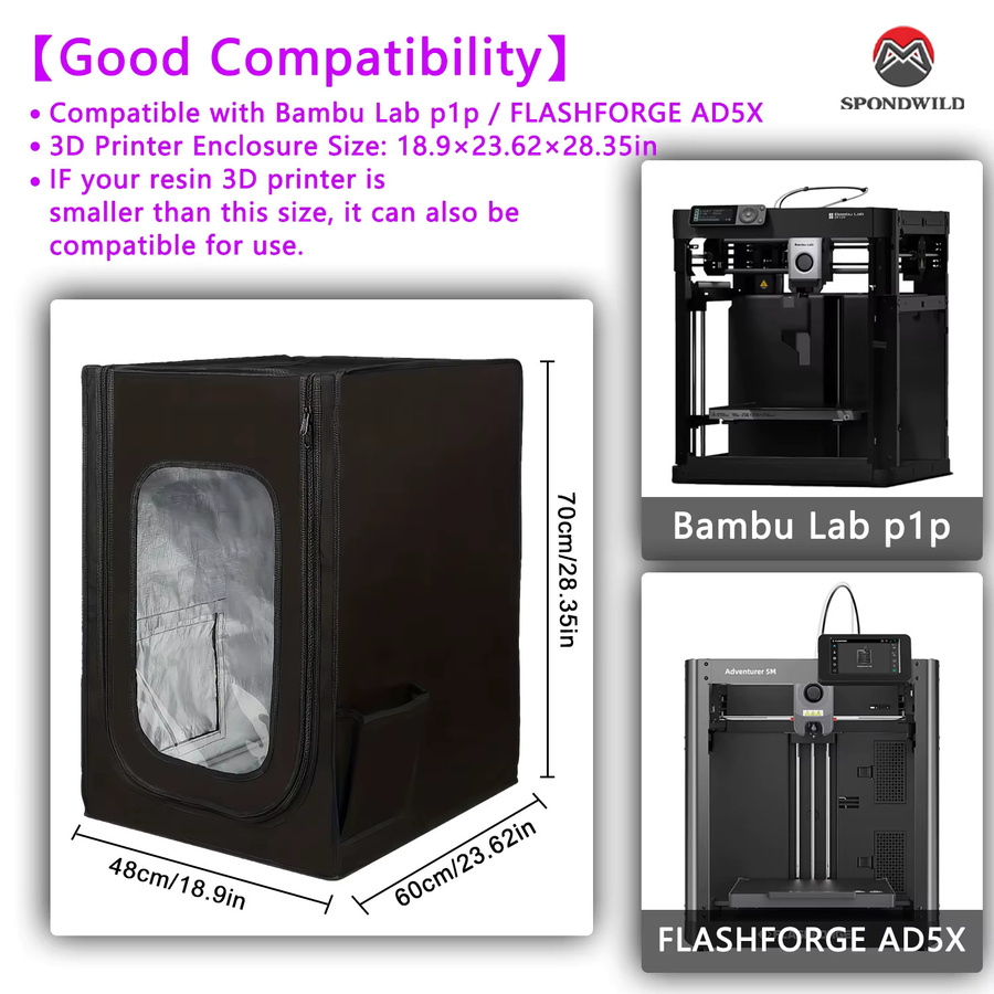 SPONDWILD 3D-Druckerkammer in Schwarz, feuerfeste und schalldichte Abdeckung für Bambu Lab P1P, X1, A1, A1mini sowie Flashforge AD5X und 5M, kompatibel mit Creality Modellen - Bild 2