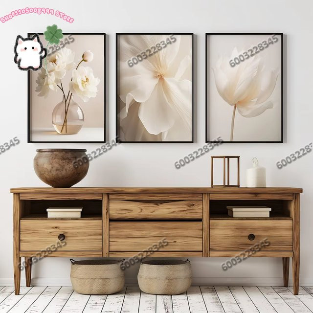 Potdemiel 3er-Set rahmenlose Wandkunst mit weißen Pfingstrosen in modernem floralem Design - Bild 1