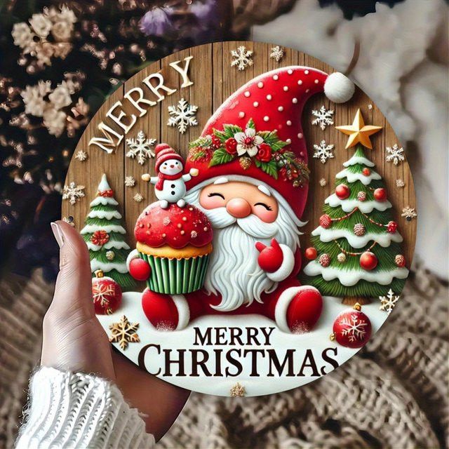 Rundes Eisenschild Potdemiel Merry Christmas mit Zwerg, Bäumen und Schneemann, Durchmesser: 20,3 cm - Bild 1