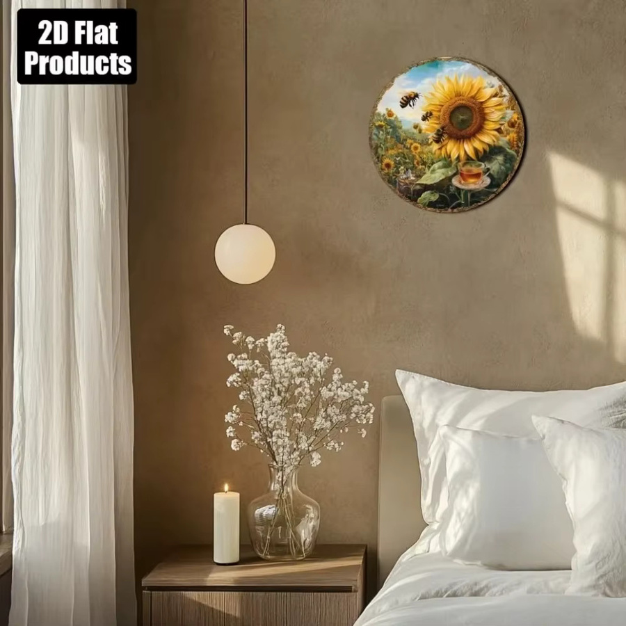 CIFBUY Vintage Sonnenblumen Metallschild in Gelb und Weiß, runde Retro-Wanddekoration mit Bienen-Motiv, Durchmesser: 40 cm - Bild 2