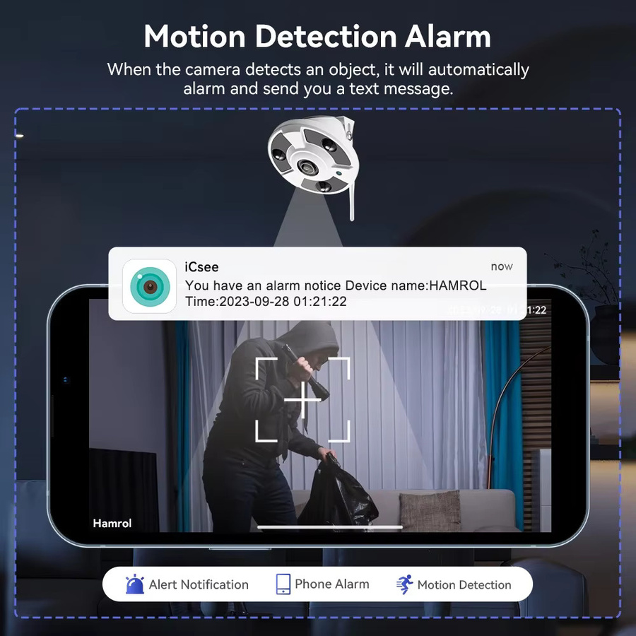 HAMROLTE 5MP WLAN-Fischaugenkamera in Weiß mit 1,7 mm Panorama-Objektiv, iCsee ONVIF, Bewegungserkennung und Audioaufzeichnung - Bild 3