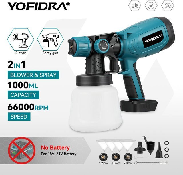 YOFIDRA 2in1 Elektrische Spritzpistole und Luftgebläse mit 1000ml Behälter für Makita Akkus - Bild 1