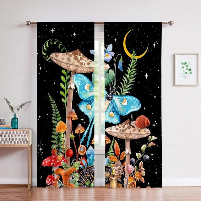 Cartoon Fantasy Dschungel Pilz Vorhänge für Kinderzimmer und Wohnzimmer, 2er-Set, Mehrfarbig, B: 60 cm, H: 100 cm - Bild 1