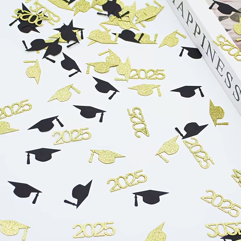 100 Stück Abschlusskappe-Konfetti in Schwarz und Gold aus Papier für deine Abschlussfeier - Bild 2