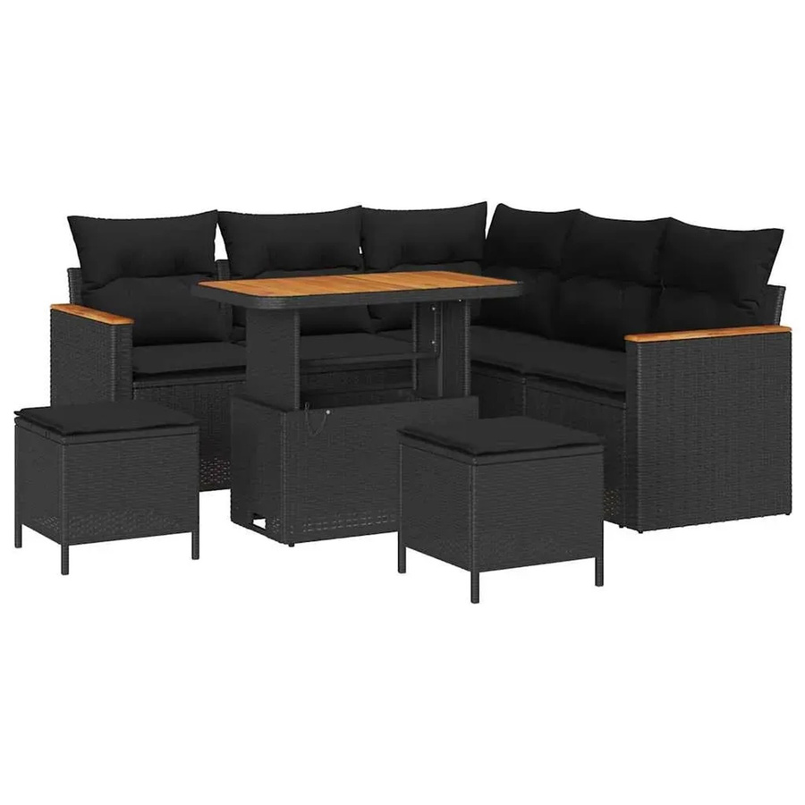 vidaXL 8-teiliges Gartensofa-Set in Schwarz mit Kissen aus Polyrattan und Akazie für Garten, Terrasse und Balkon - Bild 2