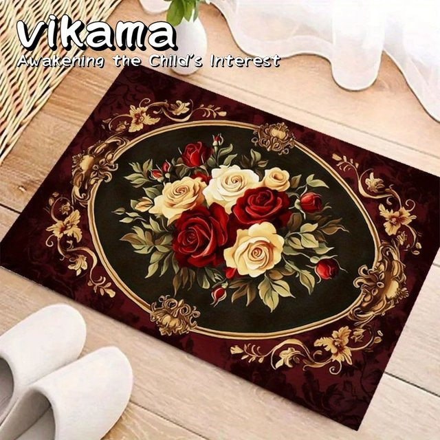 VIKAMA Vintage-Blumenteppich mit rotem und weißem Rosenmuster, rutschfeste Matte für Wohnzimmer, Schlafzimmer und Eingangsbereich - Bild 1