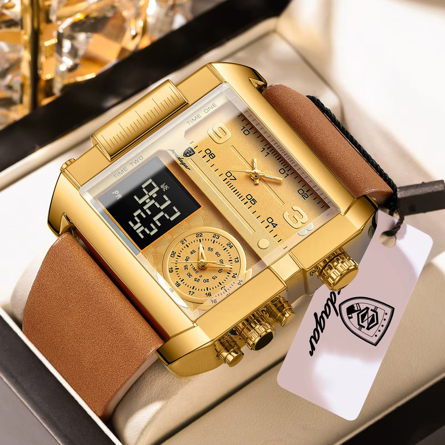 POEDAGAR Digitaluhr, Quarz, Schwarz, Gold, Leder, Herren - Bild 2