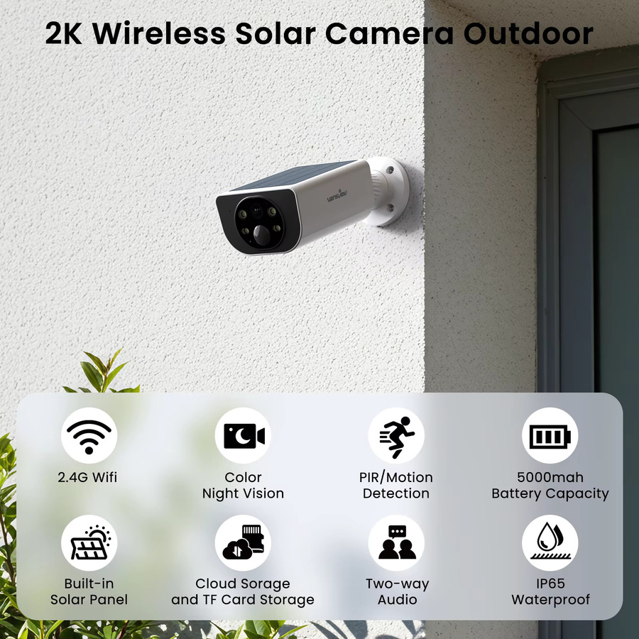 Wansview Outdoor-Solarkamera 2K 3MP Kabellose WLAN-Sicherheitskamera in Weiß mit PIR-Bewegungserkennung, Menschenerkennung, Farbnachtsicht und Zwei-Wege-Kommunikation für Alexa und Google Home - Bild 2