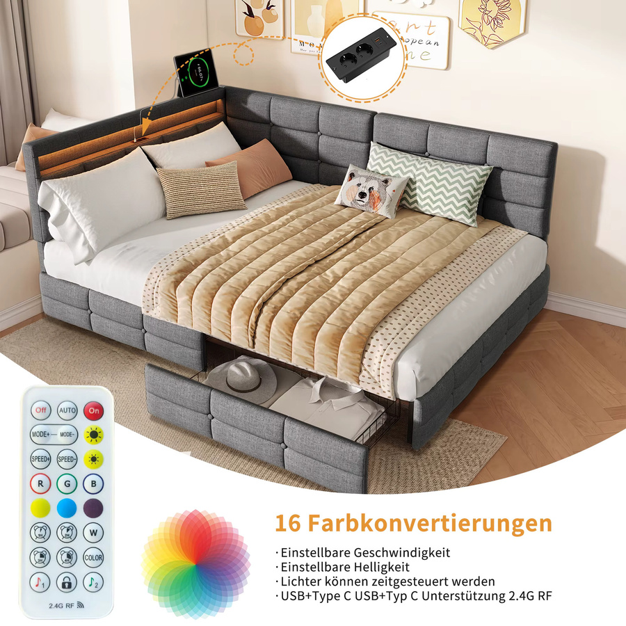 Rosahqnda Polsterbett in Beige mit LED-Beleuchtung, USB-Anschluss und 2 Stauraum-Schubladen, B/T: 140 x 190 cm - Bild 2