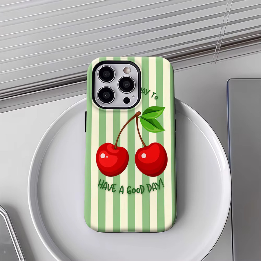 Potdemiel Handyhülle mit Kirschen-Design auf grünen Streifen für iPhone 17 16 15 14 13 Pro Max Plus, mehrfarbig, doppelschichtige Rückseite - Bild 4