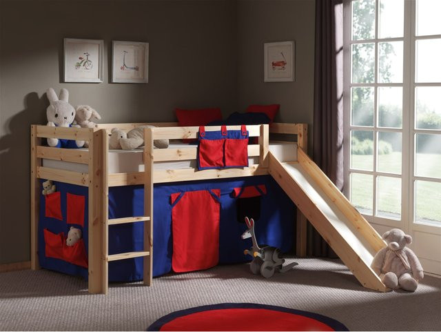 Vipack Spielbett Pino mit Rutsche und Textilset Domino aus Kiefer Massivholz natur lackiert, B/T: 90 x 200 cm - Bild 1