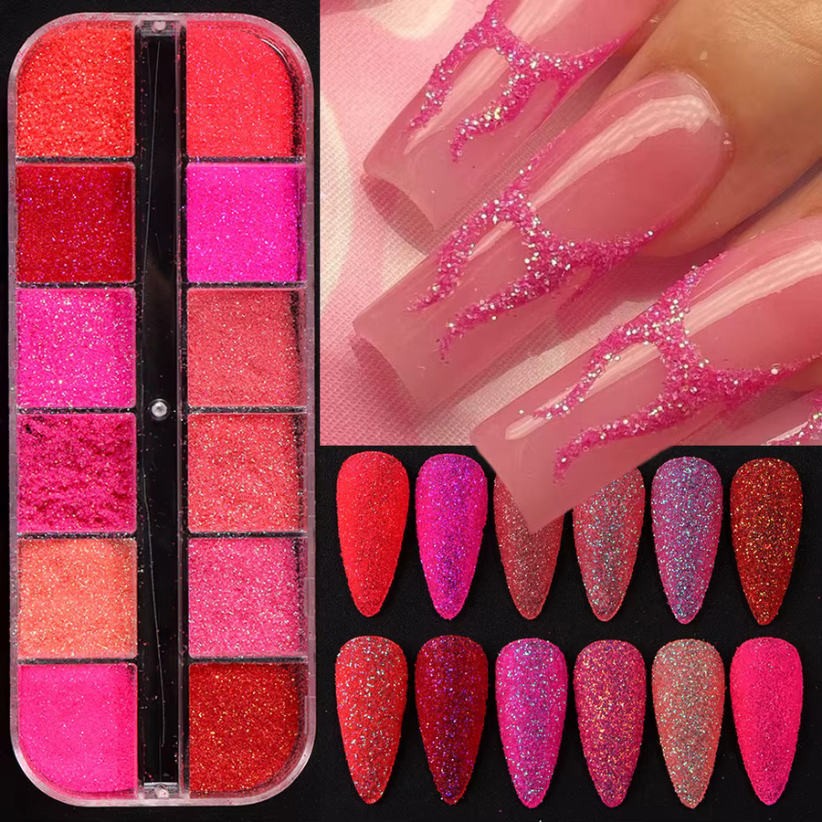 Nagelpulver Rosa Neon Zucker-Bonbon, Schimmernd, 12 Gitter - Bild 1