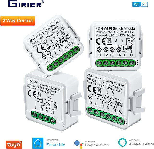 Tuya Smart Switch Modul von GIRIER mit Wifi für 2-Wege-Steuerung, App-Fernbedienung und Kompatibilität mit Alexa und Google Home, Farbe: Weiß - Bild 1