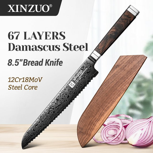 XINZUO Brotmesser aus 67-lagigem Damaszener Stahl mit schwarzem Ebenholz und G10 Griff, 21,59 cm - Bild 1