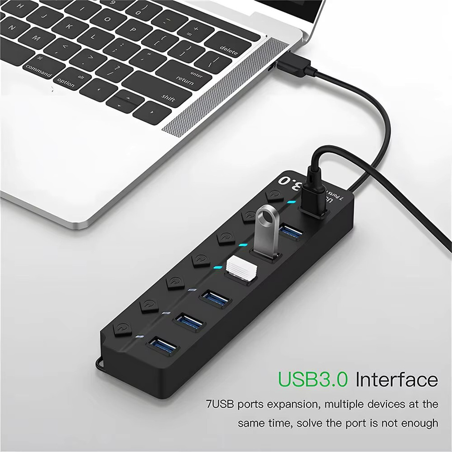 DBIT 7-in-1 USB Hub 3.0/2.0 Splitter mit unabhängigem Switch, USB-Adapter für Desktop und Laptop, Schwarz, 30 cm Kabel - Bild 3