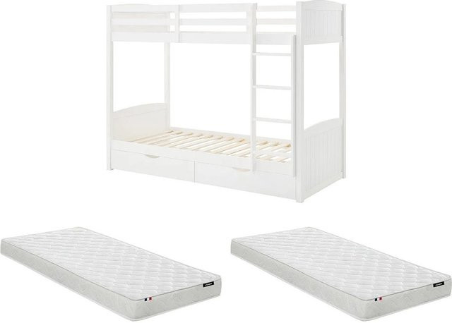 Vente-unique Etagenbett Limodara Weiß mit Schubladen aus Kiefer und MDF, B/T/H: 90 x 200 x 208 cm - Bild 1