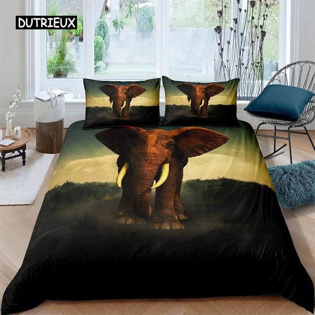 Bettwäsche-Set mit 3D-Elefanten-Motiv im afrikanischen Safari-Stil von Binchi Outdoor Product, Mehrfarbig, B/H: 135 x 200 cm - Bild 1