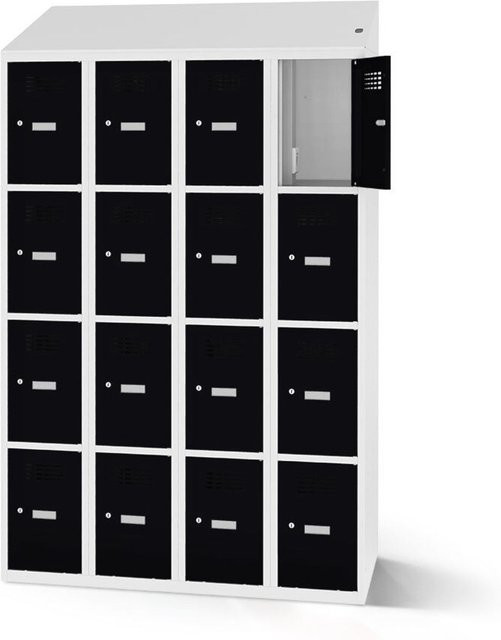 rotstahl Fächerschrank mit 16 Fächern und Ladefunktion, Korpus lichtgrau, Front schwarz, B: 120 cm, H: 200 cm - Bild 1