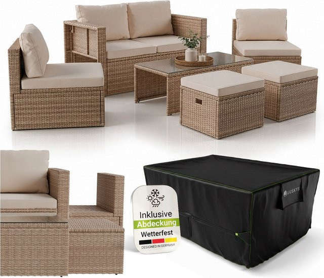 Juskys Polyrattan Gartenmöbel Set Salou Outdoor Lounge für 6 Personen inklusive Abdeckung und Kaffeetisch wetterfest Creme - Bild 1