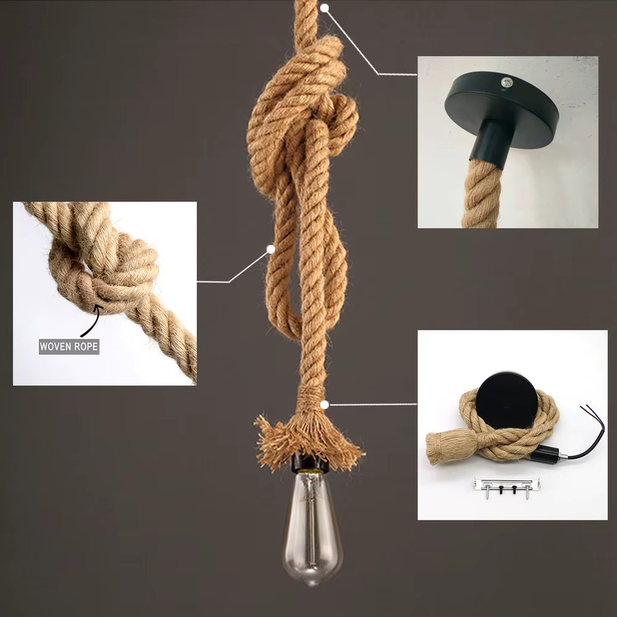 PARKSON Vintage Hanf Seil Anhänger Lampe in Braun mit E27 LED Glühbirne im Industriellen Design - Bild 2