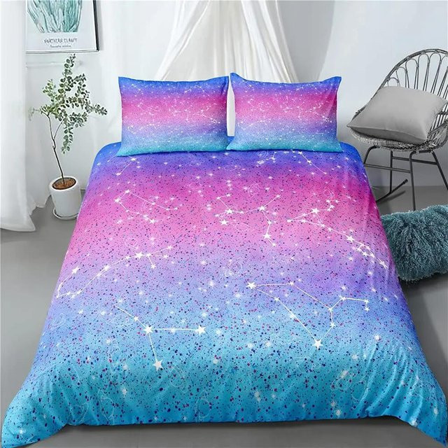 Buntes Glitzer Bettbezug Set von Your Warm Home in Pink und Pastell mit Sternen, 2-teilig aus Polyester, Breite: 133 cm, Höhe: 200 cm (Maße basierend auf Standard-Double/Queen-Format) - Bild 1