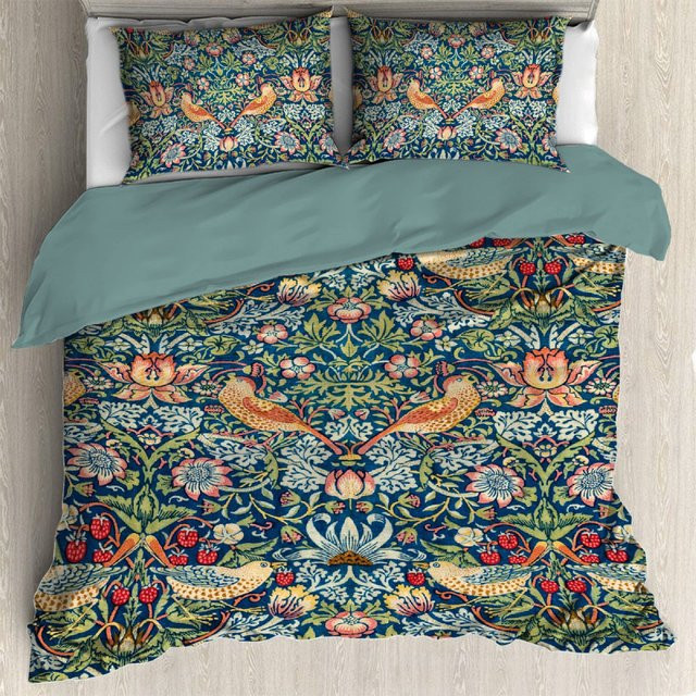 JMG Household Supplies Bettwäsche-Set William Morris Strawberry Thief, Floral Art Nouveau Design, Mikrofaser, Mehrfarbig, B/H: 150 x 200 cm - Bild 1