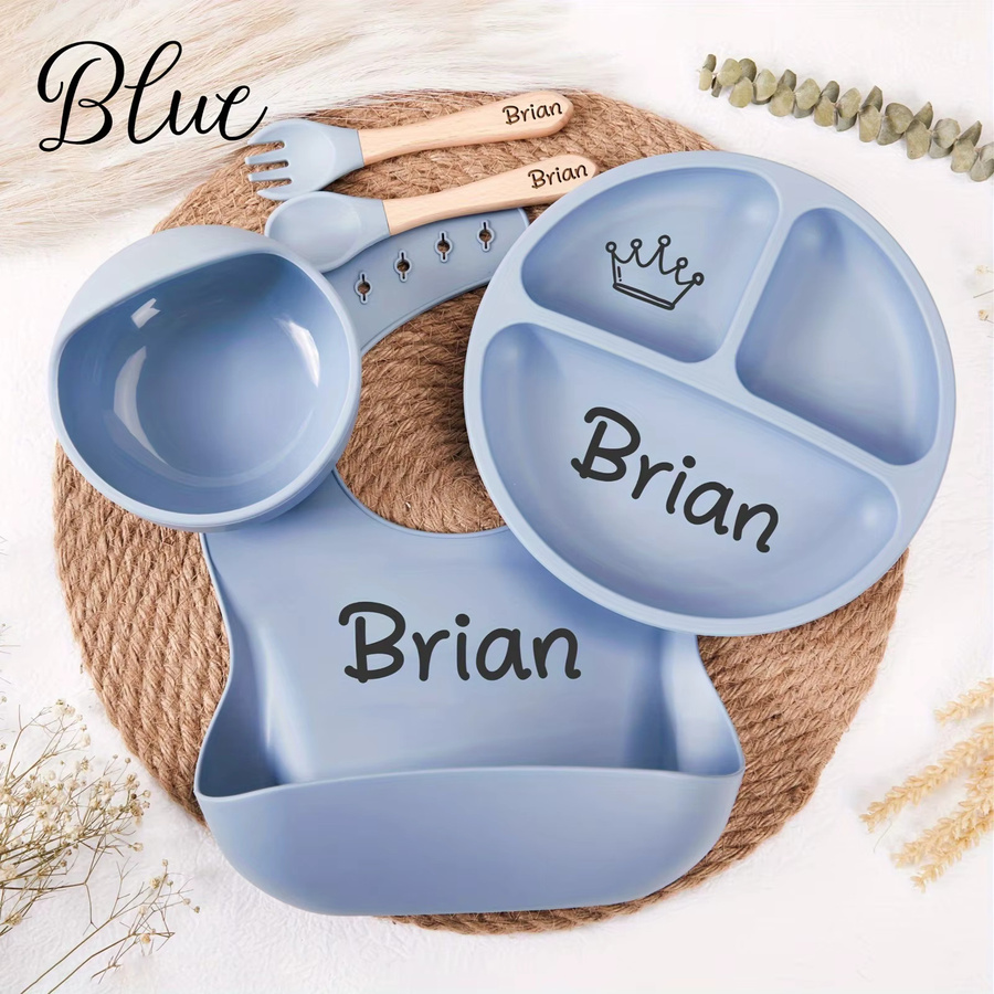 5-teiliges personalisiertes Silikon-Entwöhnungsset für Babys und Kleinkinder in Blau mit Namen und Symbol - Bild 1