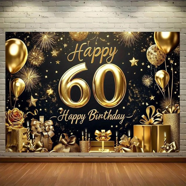 Elegantes Geburtstagsbanner für den 60. Geburtstag in Schwarz und Gold mit Sternen als Fotokulisse aus Polyester, B: 250 cm, H: 200 cm - Bild 1