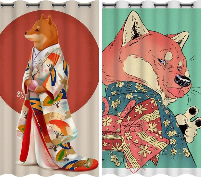 Yiran Furniture Verdunkelungsvorhänge mit Shiba Inu Cartoon Motiv für Kinderzimmer, 2er-Set, Mehrfarbig, Breite: 55 cm, Höhe: 185 cm - Bild 1