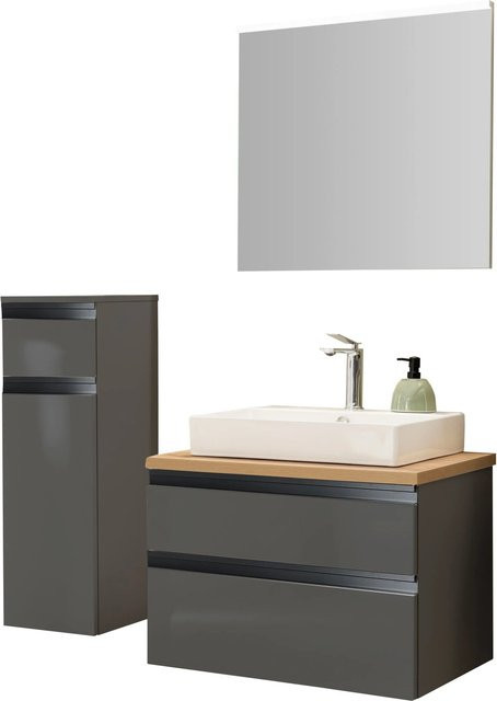 Schöner Wohnen Badmöbel-Set Stockholm 6-teilig Cosmos Grey mit Keramik-Aufsatzwaschtisch und beleuchtetem Spiegel - Bild 1