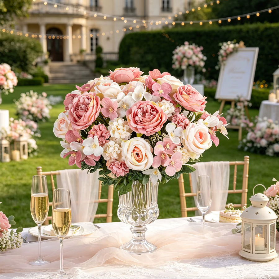 Künstliche Blumenmischung aus Seiden-Rosen, Pfingstrosen und Hortensien in Pink für Hochzeitssträuße und Tischdekoration - Bild 1