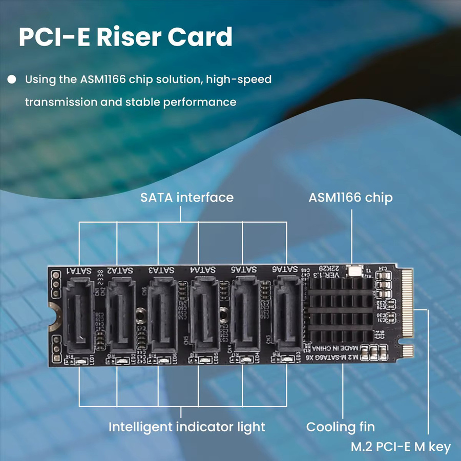 A23G1205 M.2 MKEY PCI-E Riser-Karte ASM1166 M.2 NVMe zu SATA 3.0 Erweiterungskarte mit 6 Ports in Schwarz - Bild 3