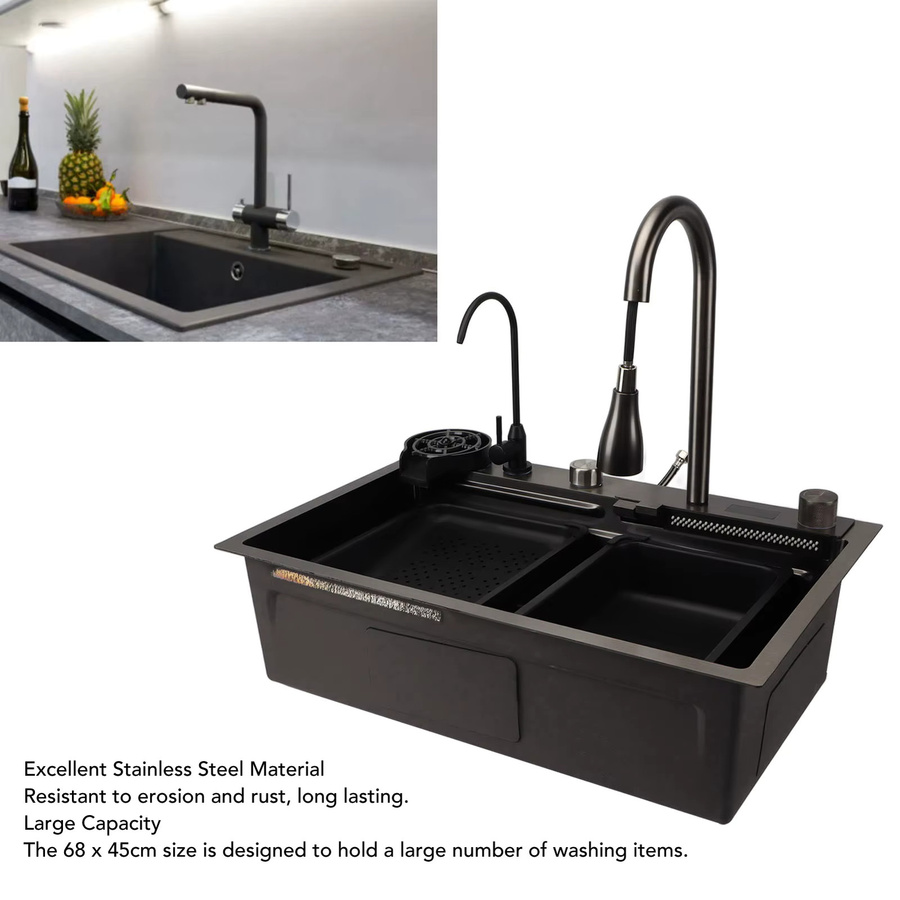 Qiilu Küchenspüle-Set aus Edelstahl mit Wasserhahn und Digitalanzeige in Silber und Schwarz, B: 68 cm, T: 45 cm - Bild 4