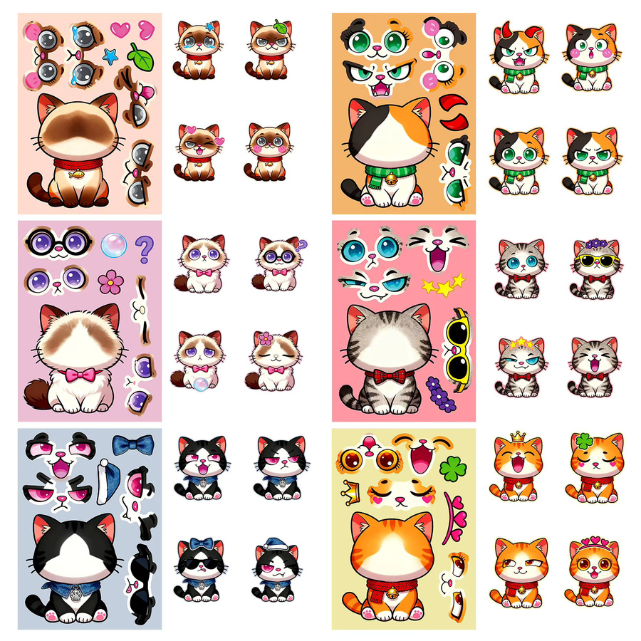 6 oder 12 Stück Cartoon-Katzen-Gesichtsaufkleber zum Selbstgestalten in Multicolor aus Papier für Kühlschrank, Schreibwaren und Notizbücher - Bild 2